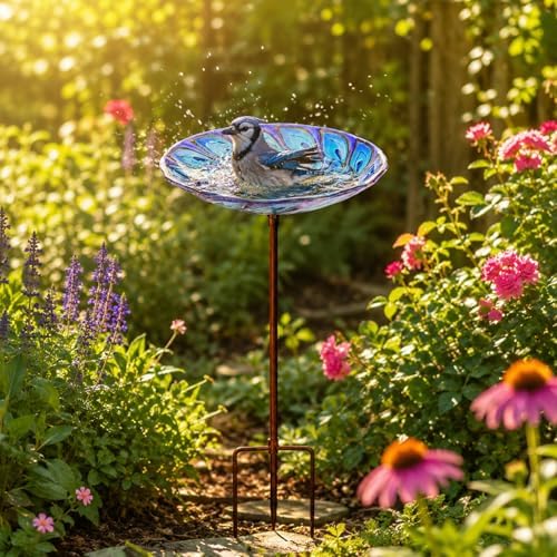 VCUTEKA Glass Bird Bath Outdoor BirdBath Garden Birdfeeder with Metal Stake