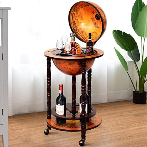 LUARANE 17” Wooden Wine Bar Stand Cart, Movable 16th Century Italian Replica Liquor Bottle Shelf Cabinet w/ Bottom Shelf & Wheels