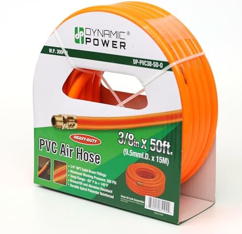 DYNAMIC POWER 3/8-Inch x 50ft Heavy-Duty Air Hose, Reinforced PVC Hose with Brass Fittings (300 PSI)…