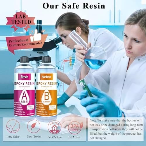 Epoxy Resin, 32OZ Epoxy Resin Crystal Clear, Not-Yellowing No-Bubble, Self Leveling Easy Pour/Mix 1:1 Casting Kit & Coating for DIY Jewelry Making