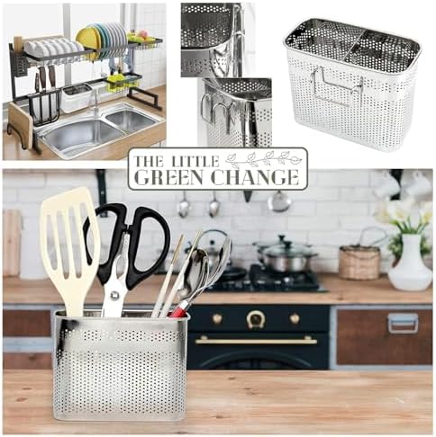 Kitchen Utensils Chopsticks Holder Drying Rack Basket with Hooks 2 Divided Compartments Quality Stainless Steel Large L5.4 X H4.3 X W2.6