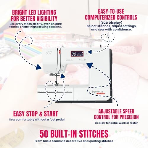 Bernette B37 Computerized Sewing Machine with LCD Display | Advanced Sewing & Quilting | 50 Stitches, One-Step Buttonhole, Automatic Needle Threader