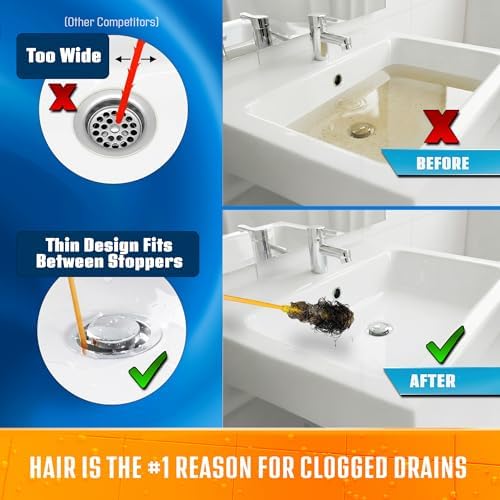 FlexiSnake Drain Weasel Sink Snake Hair Clog Remover Tool Kit, 5 Wands | Pipe, Bathroom, Bathtub Cleaner, 18-inch Long Refills, Flexible, Removable Handle, Made in The USA