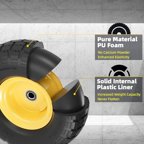 【UPGRADED】4.10/3.50-4 Tire and Wheel Flat Free, 10 Inch Solid Rubber Tire with 5/8”Axle Bore Hole and Double Sealed Bearings