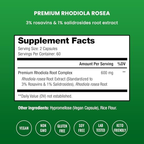 Rhodiola Rosea Supplement 600mg | 120 Vegan Capsules | Rhodiola Rosea Extract for Energy, Stress Relief, Mood and Focus | Adaptogenic Root with Rosavin & Salidrosides | 300mg Pills by NutraChamps