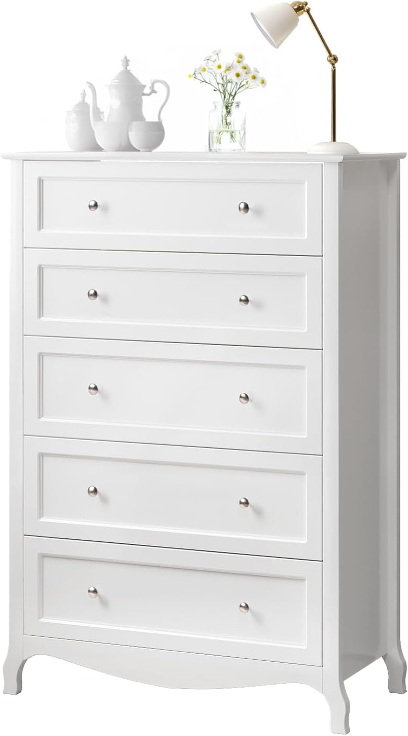 VINGLI Fluted Tall Dresser 5 Drawer, 23.66" W Chest of Drawers Gray Wood Dresser with Rounded Edges, Grey Dressers for Bedroom