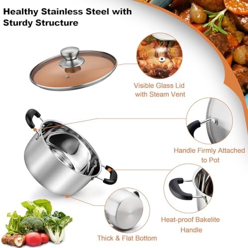 TeamFar 4 Quart Stock Pot, Stainless Steel Stock Pasta Soup Pot with Lid