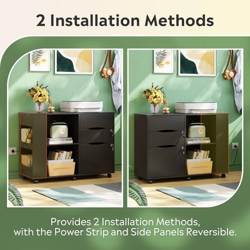 DEVAISE File Cabinet with Lock, Printer Stand with Charging Station Black | Lateral Mobile Filing Cabinets, Lock & Open Storage Shelves