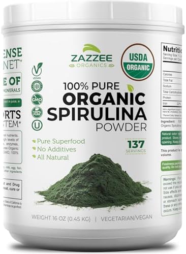 Zazzee USDA Organic Spirulina Powder, 2.2 Pounds (1 KG), 303 Servings | Certified Kosher, 100% Pure, Non-Irradiated, Mess-Free Wide Mouth Container, Fresh Smell, Neutral Taste, Non-GMO, Made in USA
