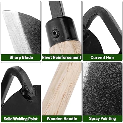 Garden Weeding Sickle/Hand Hoe, Gardening Cutting Grass Sickle, Japanese Sickle Style Hand Weeder Tool with Thick Blade&Wooden Handle