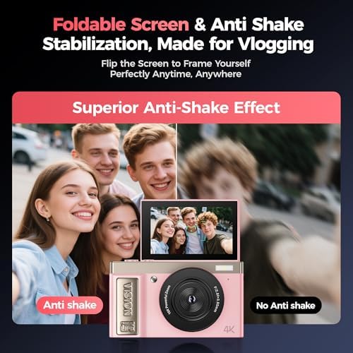 4K Digital Camera Pink for Girls Teens: 64MP Vlogging Camera with Flip Screen - 16X Zoom - Cute Compact Cam for Photography and YouTube –