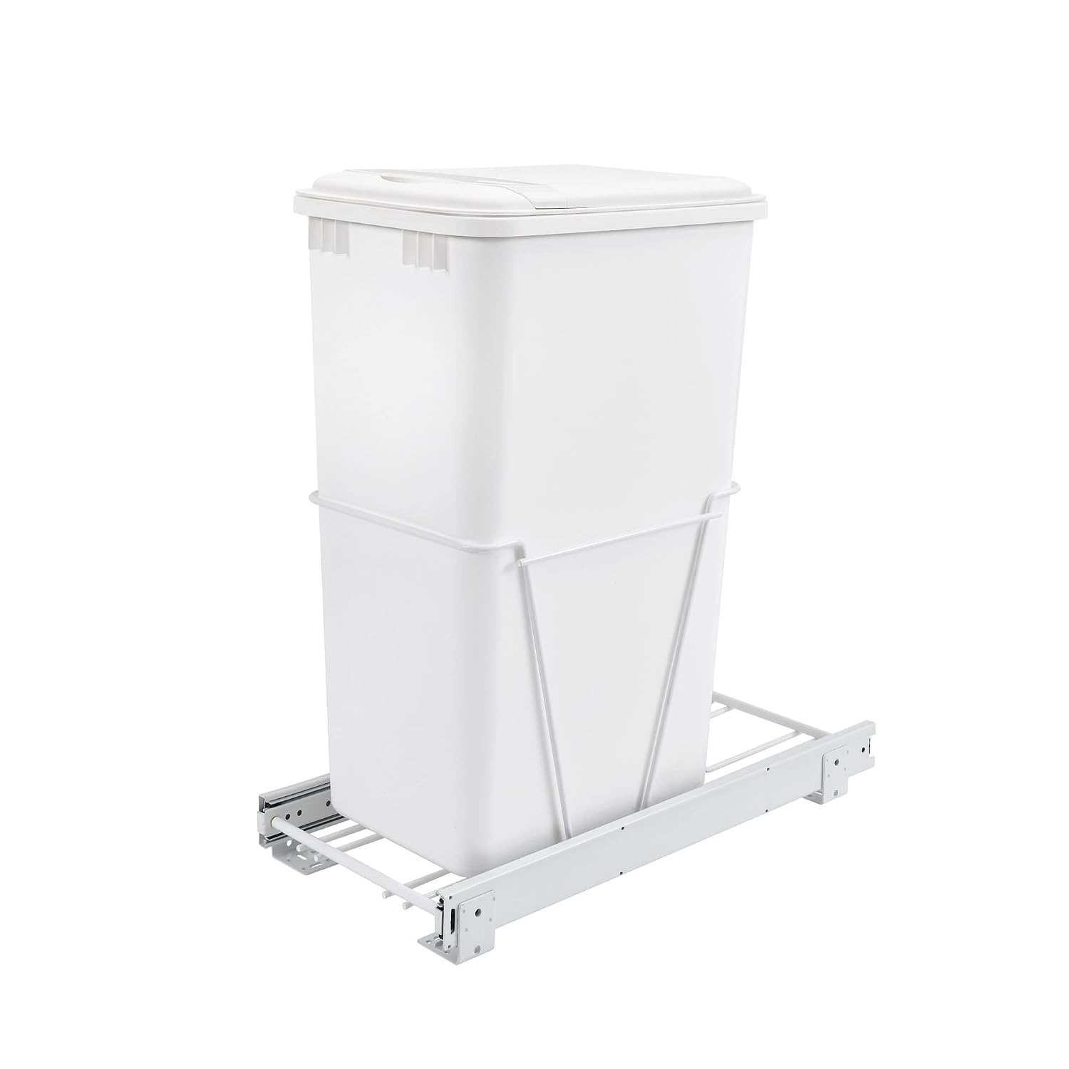 Rev-A-Shelf Single 35 Qt Pullout Trash Can for Base Kitchen Cabinets | Garbage Waste Bin System with 3/4 Extension Slides, Min Opening Width of 11, White, RV-12PB