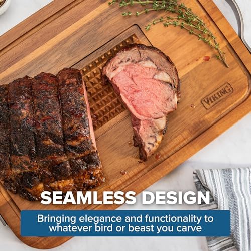 Viking Cutting Board, Acacia Wood Kitchen Butcher Block Carving Board with Juice Groove and Metal Handles, 23 x 14 x 1 Inch