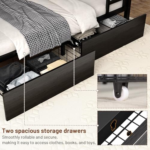 Twin XL Bunk Bed with Foldable Desk, LED Lights & Charging Station, Black | Upper Bunk Storage & 2 Drawers, Safety Guardrails with 4 Hooks, Space-Saving Design for Kids and Teens
