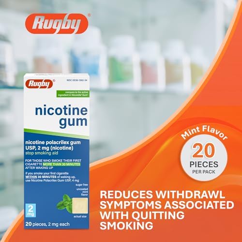 Rugby Polacrilex 2mg Nicotine Gum, Uncoated Mint Flavor, 20 Count (1-Pack) | Sugar-Free Stop Smoking Aid