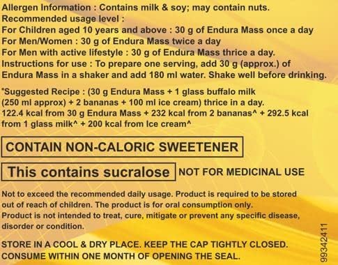 Endura Mass Weight Gainer Powder 500g Banana Flavour | Unique blend of 3 Sources of Protein, Carbs