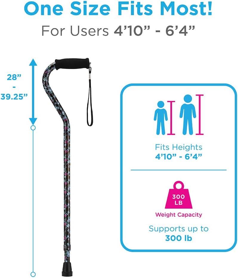 NOVA Designer Walking Cane with Offset Handle, Lightweight Adjustable Walking Stick with Carrying Strap, “Maui Flowers” Design
