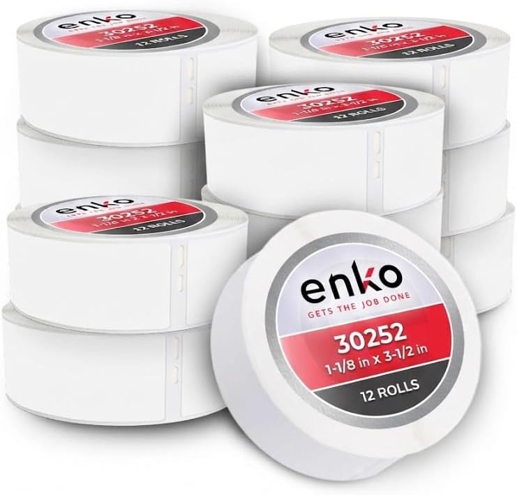 enKo 30252 12 Rolls | 4200 Address and Shipping Labels (1-1/8 x 3-1/2 in) | Water resistant Direct Thermal Return Address and Barcode Labels Compatible with Dymo LabelWriter 450 Turbo and 4XL Printers