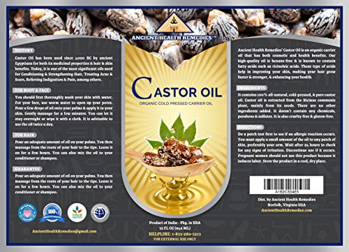 Ancient Health Remedies Organic Castor Oil - Cold Pressed, Unrefined, Pure Carrier Oil for Hair Growth, Skin Moisturizing & Softening (16 oz)