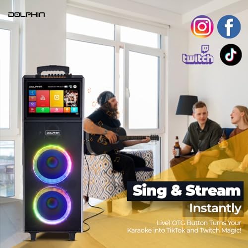 Dolphin KB-2100R Karaoke Machine with 2 Wireless Mics, Dual 10" Woofers | 14" Touchscreen, Android 11.1, Bluetooth, USB, TF, FM & AUX Inputs