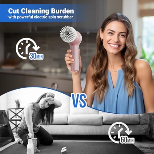 PUFTEM Electric Spin Scrubber, Cordless Shower Scrubber | Battery Level Display, Dual Speed, 6 Replaceable Brush Heads, IPX7 Waterproof, Long Runtime, Tub, Tile & Sink Cleaning