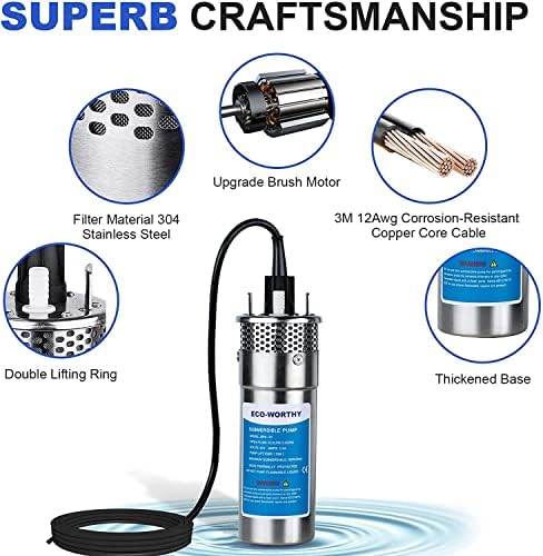 ECO-WORTHY 24V Submersible Deep Well Water Pump with 10ft Cable 1.6GPM 4'' 5A, Max Lift 230ft/70m, DC Pump/Alternative Energy Solar Battery Farm & Ranch Submersible Deep Well Pump