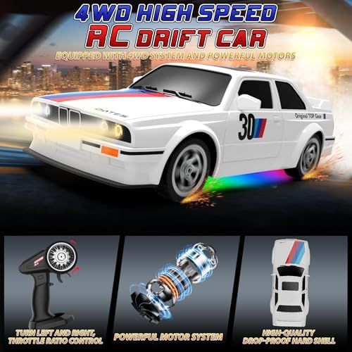 Remote Control Cars 1:16 Scale RC Drift Car 2.4Ghz 30KM/H High Speed 4WD RTR Racing Car with Drift Tires LED Lights 2PCS Rechargeable Batteries RC Sport Cars Toys for Adults Boys Girls Kids Gift