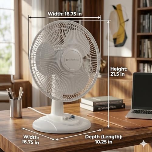 Comfort Zone Oscillating Table Fan with Adjustable Tilt, Convenient Push Button Controls, Quiet, 16 inch, 3 Speed, Desk Fan, Airflow 15.75 ft/sec, Ideal for Home, Bedroom, Dorm & Office, CZ161WT