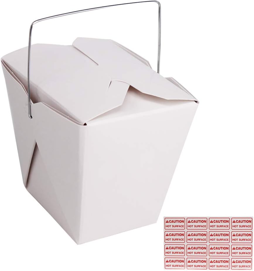 zmybcpack 50 Pack 16oz/1 Pint Chinese Take Out Boxes, Paper Food Containers | Chinese To Go Boxes with Metal Wire Handle & Labels for Hot Or Cold Food