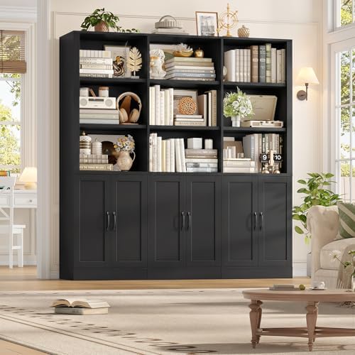 70” H x 63” W Triple Wide Bookshelf, Tall Bookcase with 6 Doors | 5 Tier Book Shelf with 15 Storage Shelves, Tall Book Case Large Bookshelves with Storage Cabinet for Home Office, White