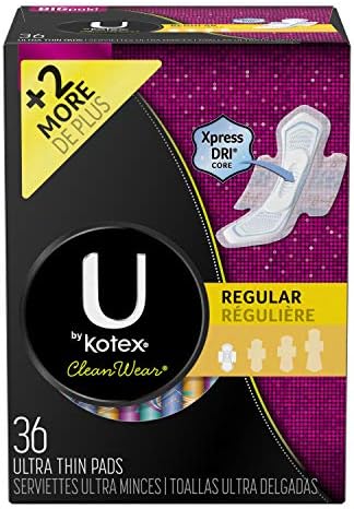 U by Kotex CleanWear Ultra Thin Feminine Pads with Wings, Regular, Fragrance-Free, 50 Count