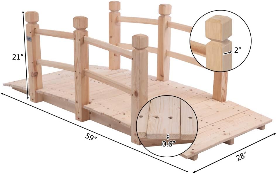VINGLI 5 ft Garden Bridge, Classic Wooden Arch with Safety Rails Stained Finished Footbridge, Decorative Pond Landscaping, Backyard, Creek or Farm