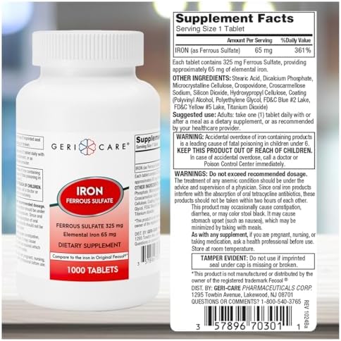 GeriCare Ferrous Sulfate Tablets 325mg, Elemental Iron 65 mg High Potency Iron Supplement | Dietary Supplement 100 Count. (Pack of 1)
