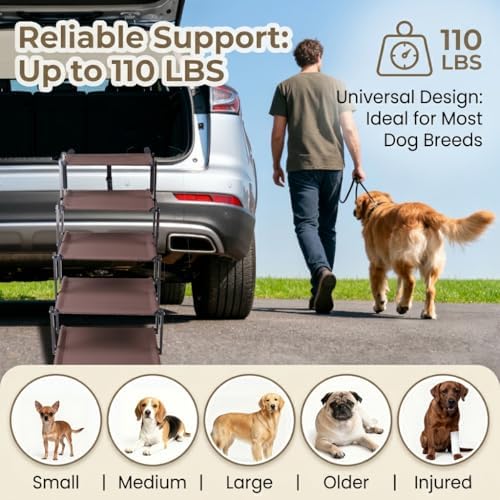 Dog Stairs for Car, 5 Steps Extra Wide Dog Ramps for Large Dogs, Foldable Lightweight Pet Steps for High SUV Truck Bed Couch