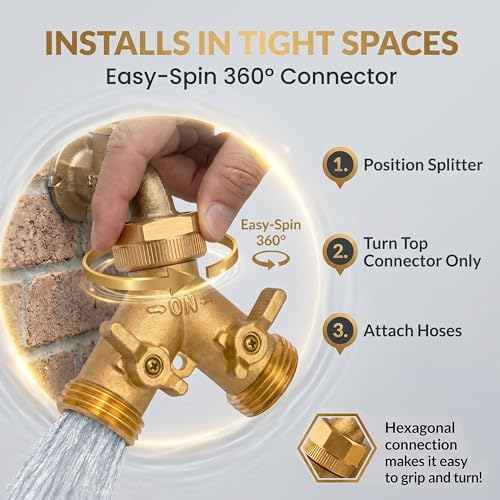 Brass Heavy-Duty Garden Hose Water Splitter | LEAD-FREE 2-Way Y Splitter for Water Spigot & Faucet | Manifold Connector ON/OFF Valves w/Improved Comfort Grip, 3 Extra Washers & Teflon Tape