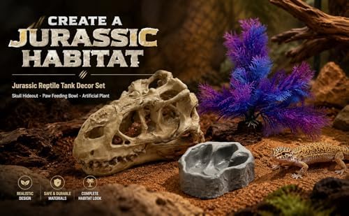 Reptile Tank Accessories Set, Dinosaur Skull Decor with Footprint Reptile Bowl and Artificial Plant, Bearded Dragon Tank Accessories