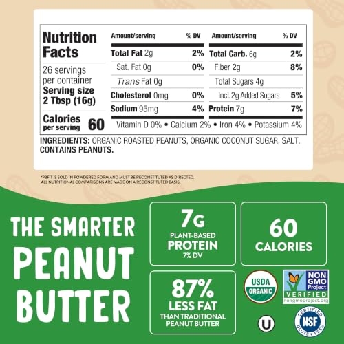 PBfit 30 Ounce Organic Peanut Butter Powder, Powdered Peanut Spread from Real Roasted Pressed Peanuts, 7g of Protein 7% DV, Gluten-Free, 60 calories, 87% less fat (Pack of 1)