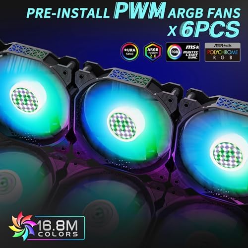 MUSETEX ATX PC Case Pre-Install 6 PWM ARGB Fans, Polygonal Mesh Computer Gaming Case, Opening Tempered Glass Side Panel Mid-Tower Case, USB 3.0 x 2