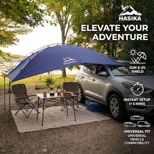 Hasika Waterproof SUV Tailgate Tent and Car Awning | Universal fit for SUVs Vans RV Trailer. Features heavy-duty suction cups, adjustable poles