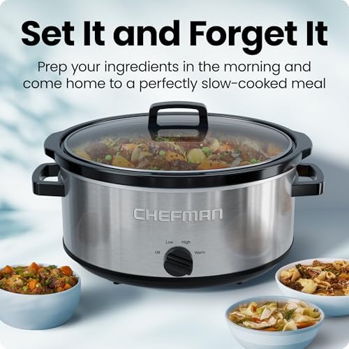 Chefman Triple Slow Cooker & Food Warmer, Three Crock Slowcooker with 2.5 Qt. Ceramic Crocks, 7.5-Quart Total Capacity, PFAS-Free, Three Temperature Settings, Dishwasher-Safe Parts – Stainless Steel