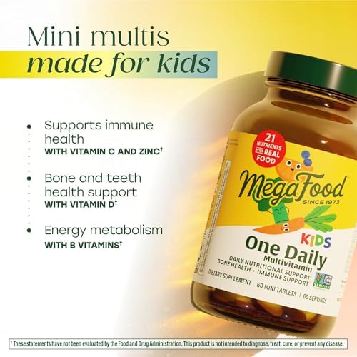 MegaFood Kids One Daily Multivitamin with 21 Key Nutrients, 60 Mini Tablets | Mini Multivitamin for Kids, Supports Immune, Cellular Energy, Teeth & Bone health, Non-GMO, Vegetarian, 60 Servings