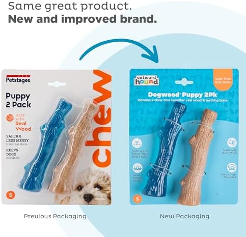 Outward Hound Puppy 2-Pack Dog Chew Toys – Real-Wood Blend Dogwood & Chewy TPE, Moderate Chewers, Small, 5.3"