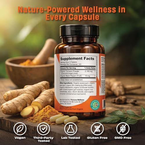 Pomona Wellness Organic Turmeric Supplement 2100 mg, 120 Tablets