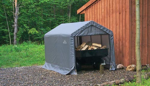 ShelterLogic 10' x 10' Shed-in-a-Box All Season Steel Metal Round Roof Outdoor Storage Shed with Waterproof Cover and Heavy Duty Reusable Auger Anchors, grey