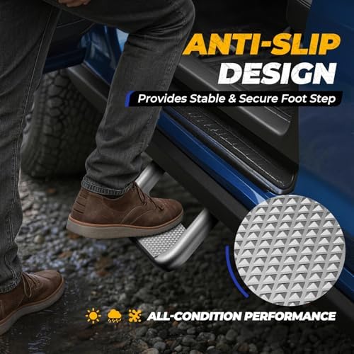 Auto Dynasty 1 Inch Universal Side Step with Mounting Brackets | Aluminum Step Rails Side Hoop Steps for Pickups & Trucks, Silver Powder Coated