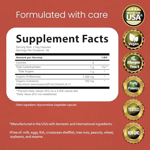 NaturaLife Labs Organic D-Mannose 1300mg + Organic Cranberry Extract 100mg per Serving – Urinary Tract Support – Non-GMO, Gluten-Free & Vegan – 100 Capsules
