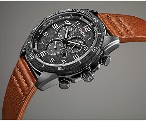 Citizen Men's Eco-Drive Weekender Chronograph Watch in Black IP Stainless Steel with Brown Leather Strap, Black Dial (Model: AT2447-01E)