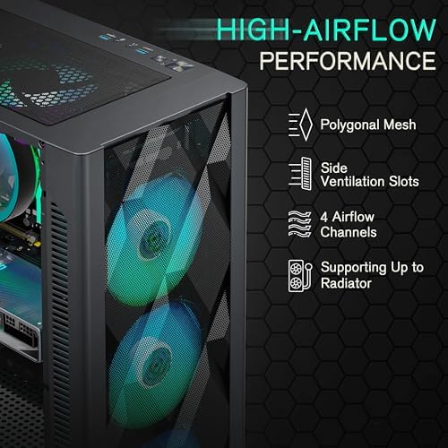 MUSETEX ATX PC Case Pre-Install 6 PWM ARGB Fans, Polygonal Mesh Computer Gaming Case, Opening Tempered Glass Side Panel Mid-Tower Case, USB 3.0 x 2