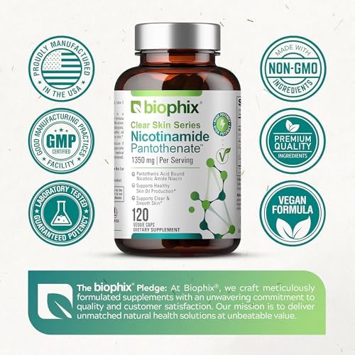 biophix B-3 Nicotinamide Pantothenate 1350 mg 120 Vcaps - Clear Skin Series B5 Pantothenic Acid Natural Flush-Free Nicotinic Amide Niacin - Supports