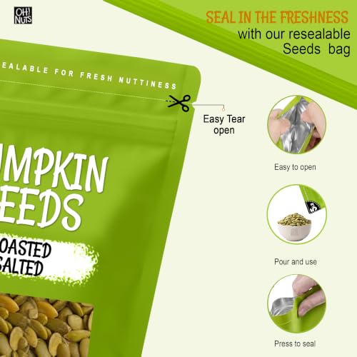 Oh! Nuts Roasted Pumpkin Seeds Salted Pepitas No Shell 2 Pound | Roasted salted pumpkin seeds no shell - Premium pepitas packed in NY - Resealable zip bag for freshness